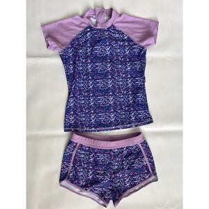 Eddie Bauer Rash Guard Set Top Short Swimsuit Girls L 14/16 Purple Surf Beach